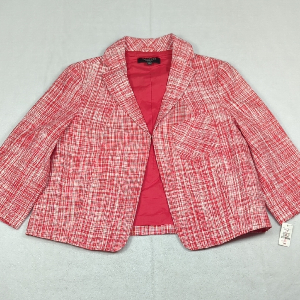 NEW Talbots Linen Blend Open Front Red & White Blazer Women's Size 6P